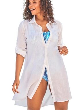 Swimsuits For All White Sheer Button-Front Swim Coverup